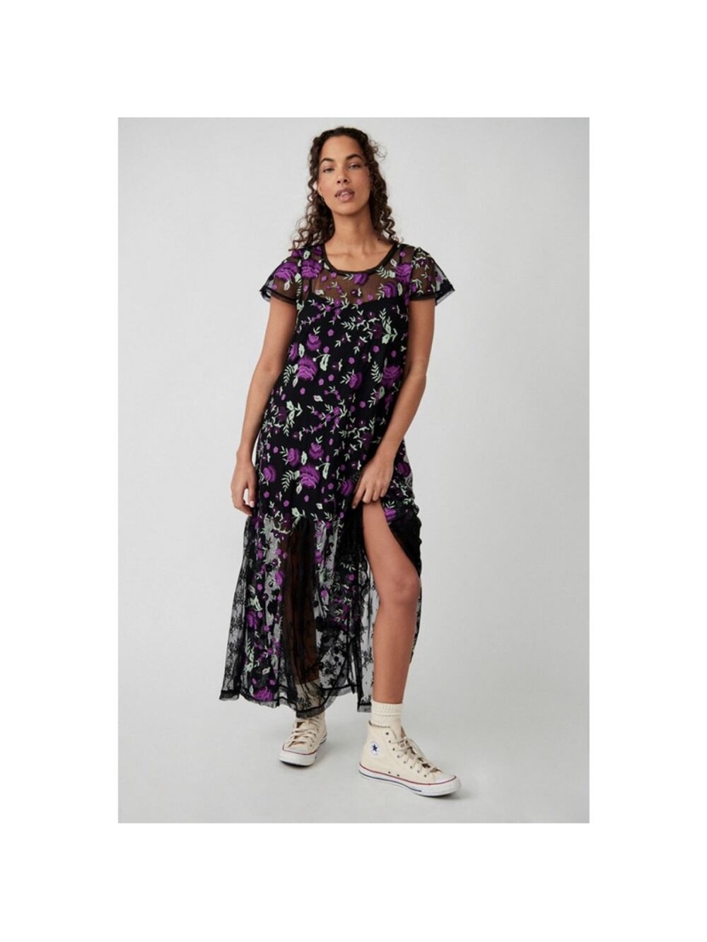 Free People Floral Mesh sheer Maxi Dress in Black and Purple